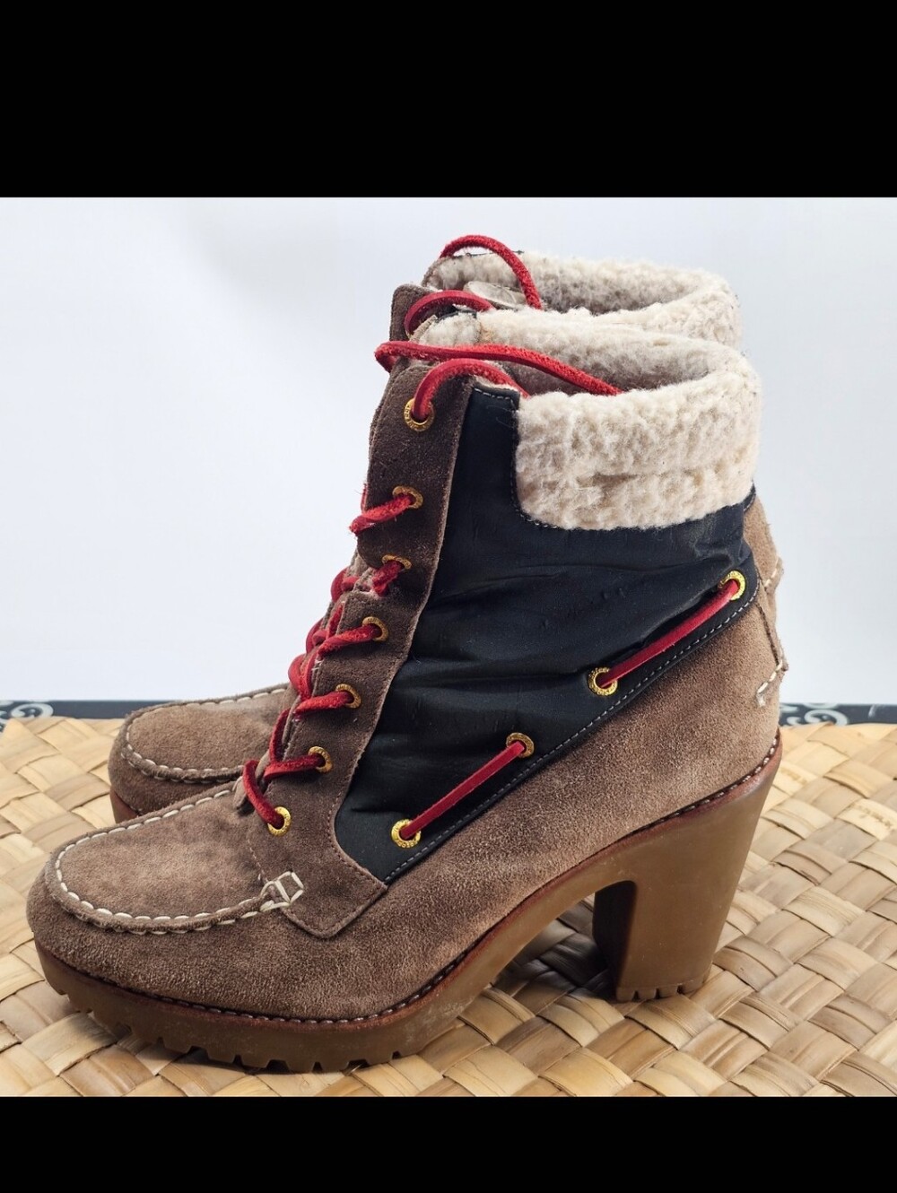 Sperry Brown Shearling-Lined High-Heel Lace-Up Boots Size 8.5